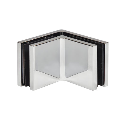 Polished chrome 90 glass clamp (SKU: CCS90CH) for 10-12mm frameless shower panels, hidden snap cover