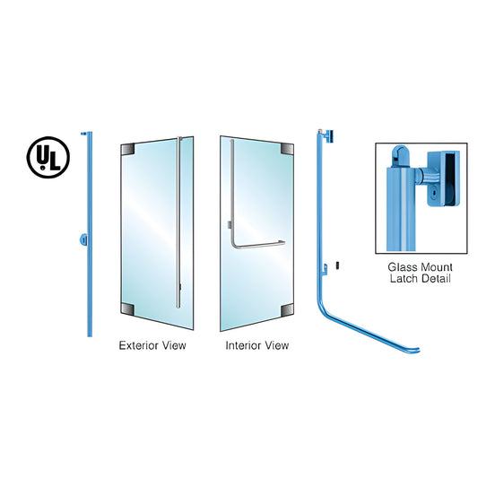 PA100FS4GKPT tubular panic handle for 1/2" glass doors, 1-1/4" stainless vertical push bar with exterior keyed access
