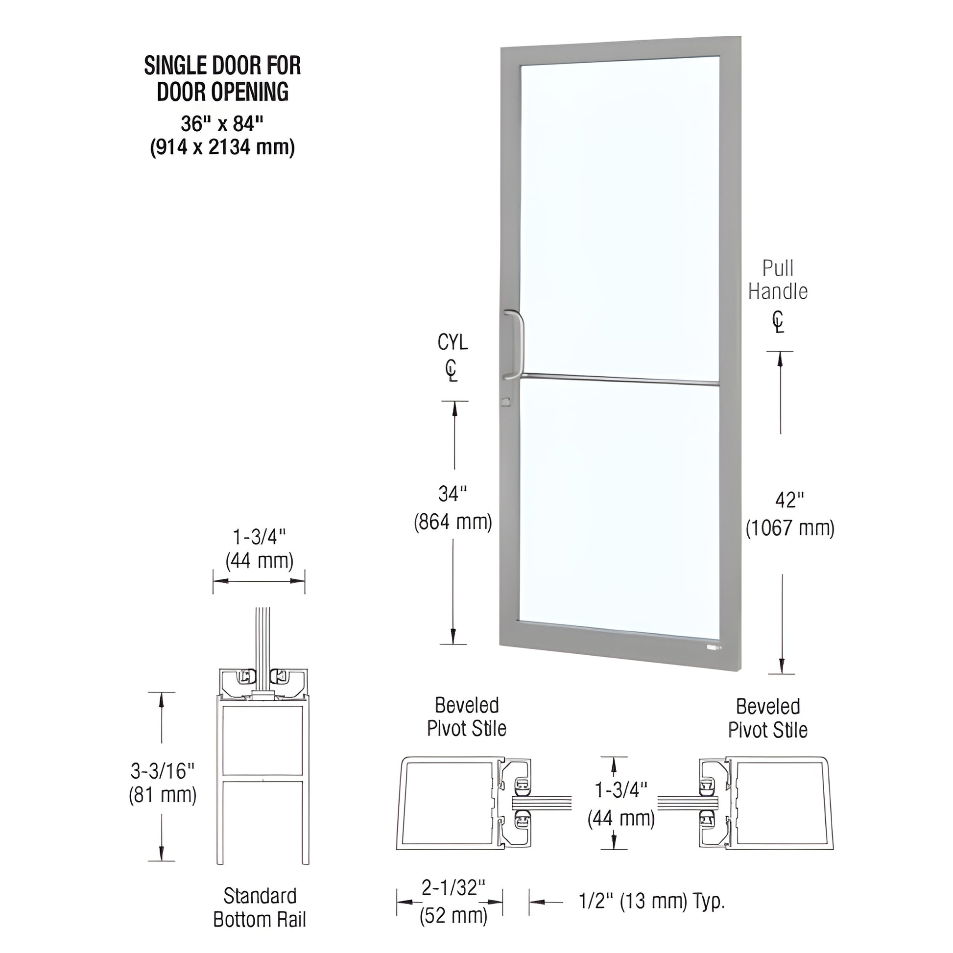 DC21811 clear anodized narrow-stile commercial entrance door with tempered glass, push/pull handle and MS hookbolt lock.