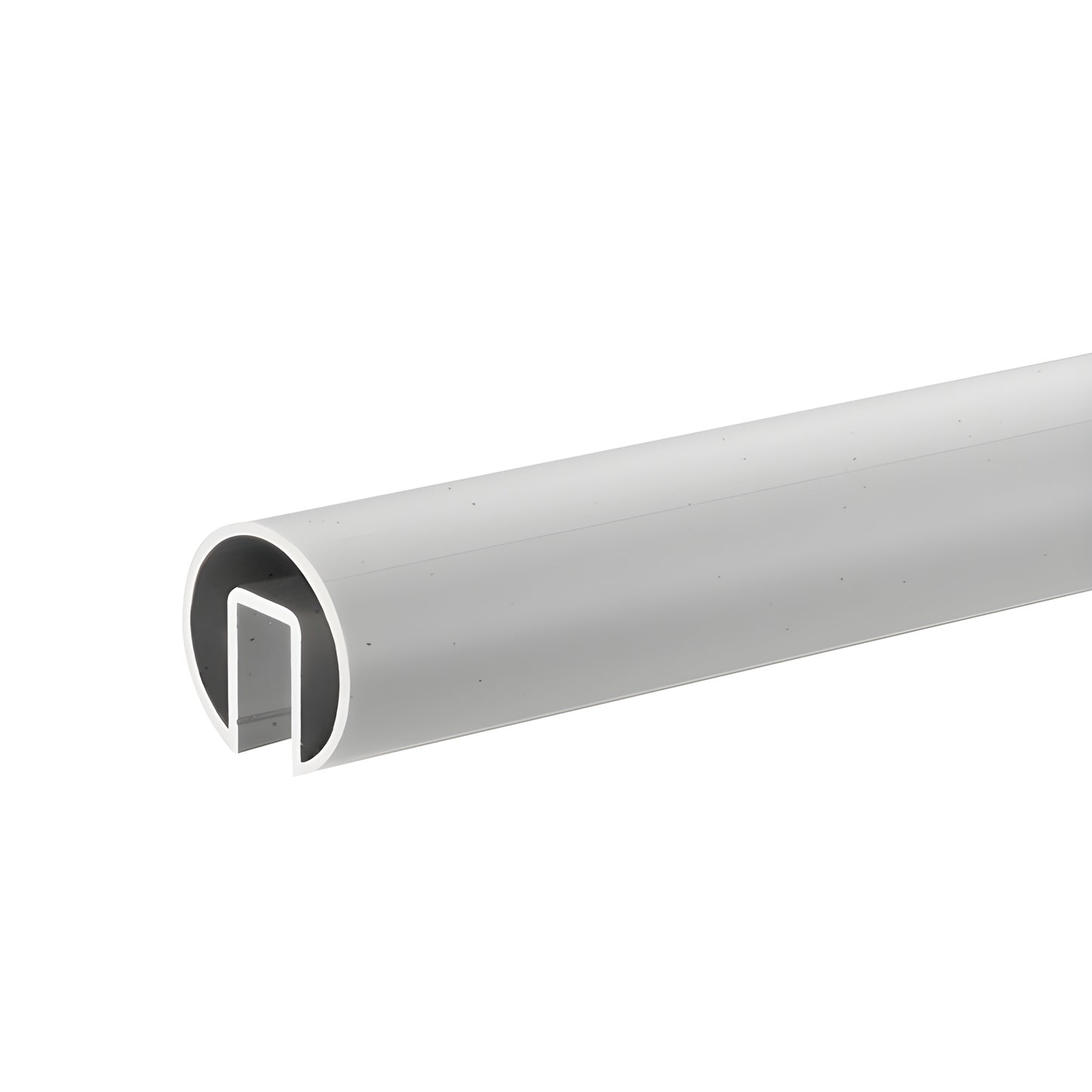GR19SA satin-anodized 6063 T6 aluminum extruded cap rail, 1.9 in diameter, U-shaped profile for 1/2-5/8 in glass.