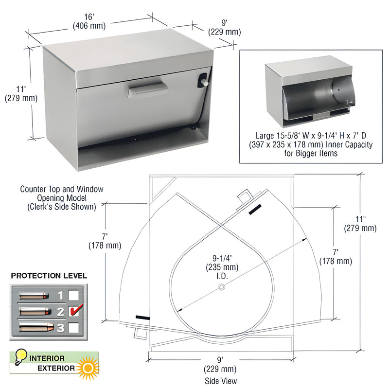 CRL H0P1611 brushed stainless pass-thru hopper, Level 2 bullet resistant, 16"x11"x9", front pivot flap with handle