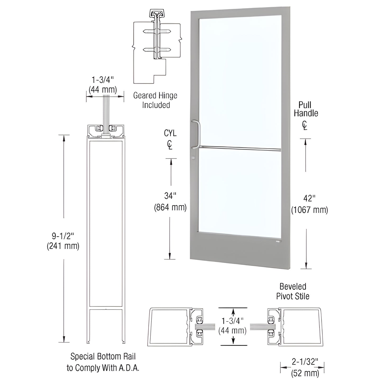 Custom Narrow Stile Entrance Door DE21811, clear anodized aluminum with large glass, ADA 9-1/2" bottom rail, push/pull handle