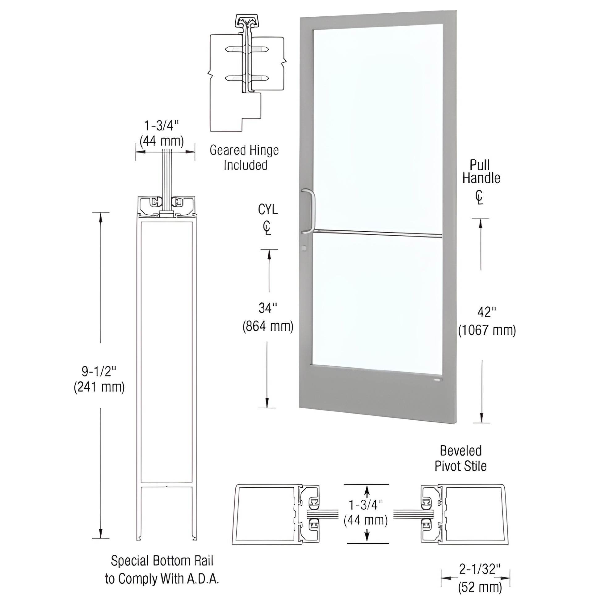 Custom Narrow Stile Entrance Door DE21811, clear anodized aluminum with large glass, ADA 9-1/2" bottom rail, push/pull handle
