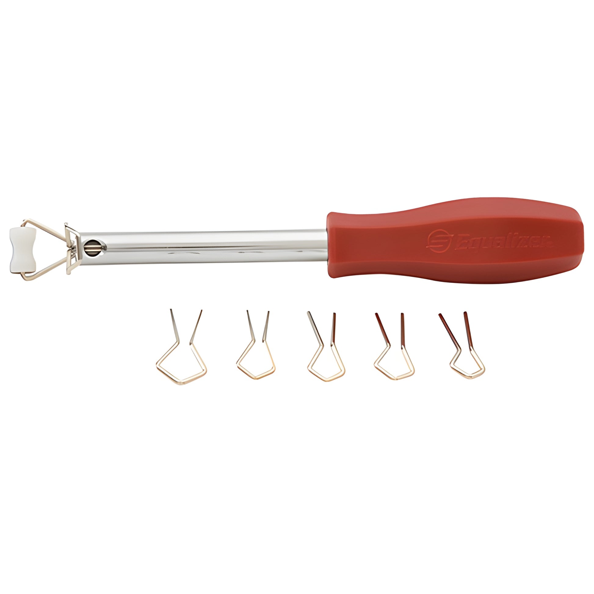 Equalizer PA1348 locking strip tool with red handle, stainless shaft and six interchangeable wire tips (3/8"-3/4")