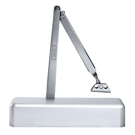 PR72DAA silver surface-mounted commercial door closer with parallel arm, adjustable delayed-action, aluminum finish