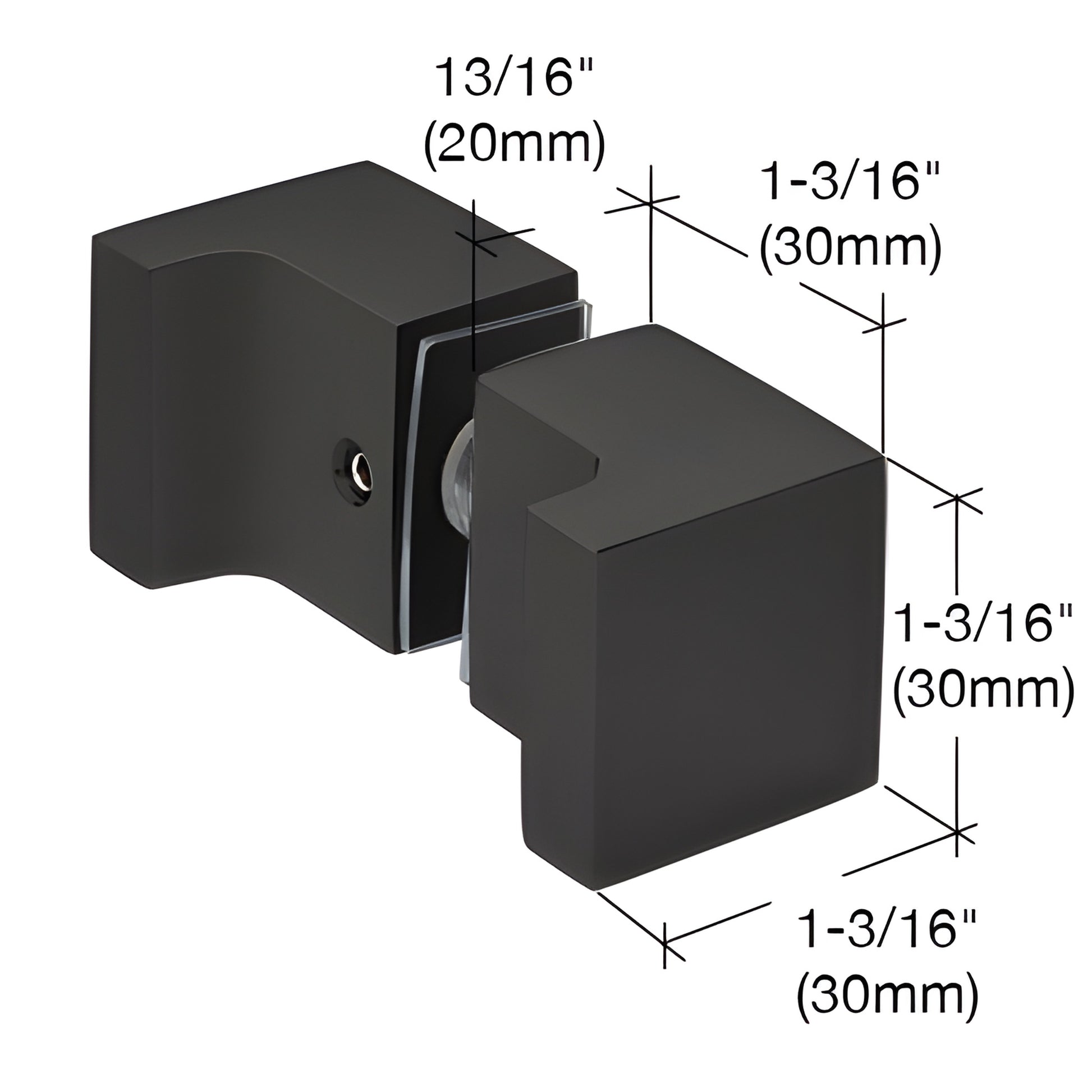 Oil-rubbed bronze back-to-back square finger-pull knob for frameless shower glass, 30mm square, fits 6-12mm (1/4-1/2") glass.