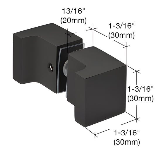 Oil-rubbed bronze back-to-back square finger-pull knob for frameless shower glass, 30mm square, fits 6-12mm (1/4-1/2") glass.