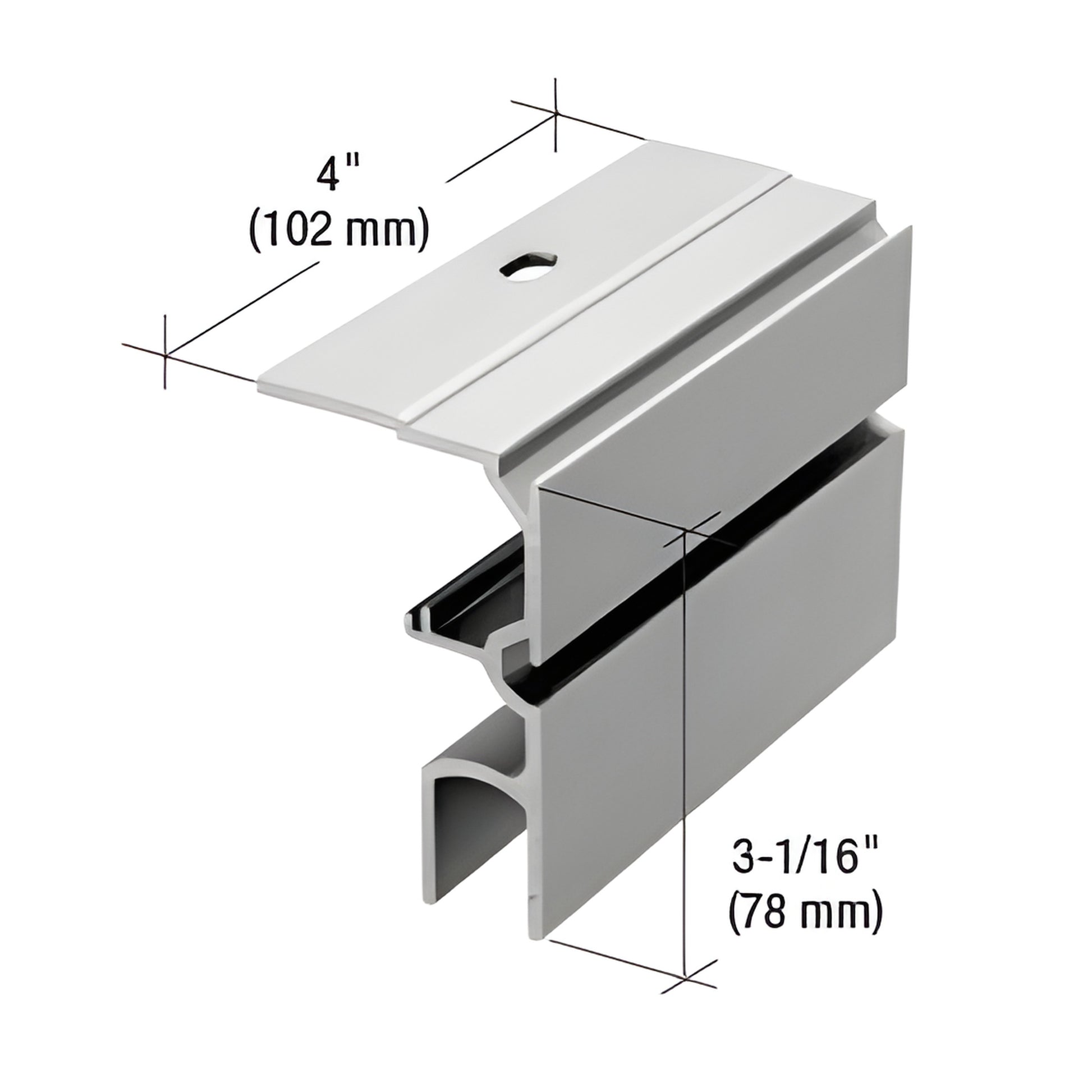 CRL3984A satin anodized 4" top channel bracket for 5/16-1/2" (8-12mm) tempered glass panels