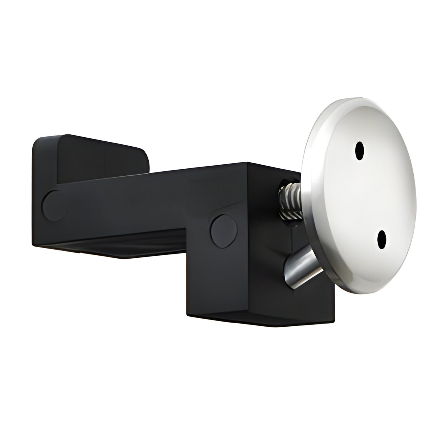 LS509PS polished stainless steel anti-lift bracket for Laguna rollers, black mounting body with round stainless faceplate.