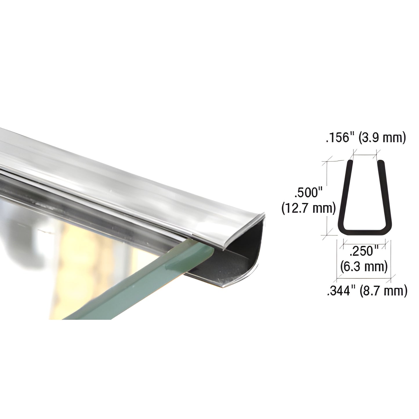 PRT100CH chrome mirror edge protector, U channel plastic trim for 1/4" (6mm) mirror, 96" lengths, trims to fit.