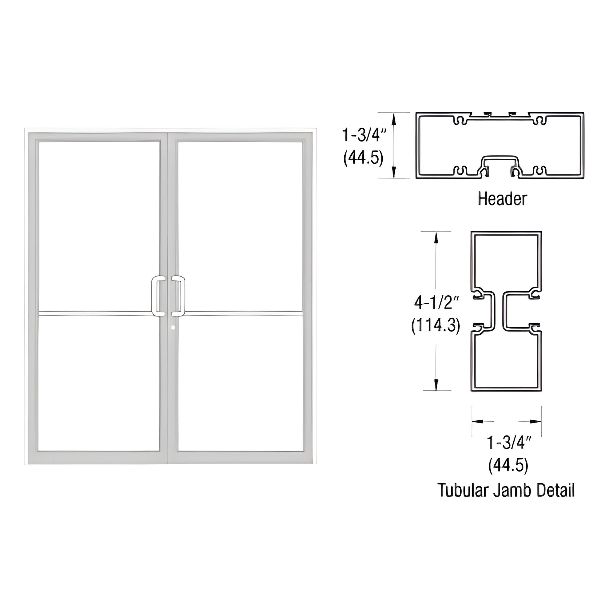 FR42852 white Kynar gear-hinge double door frame with tubular jamb/header diagrams and measurements.