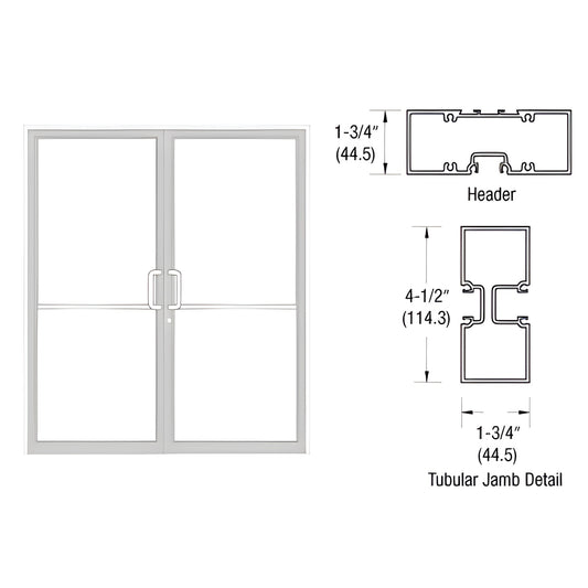 FR42852 white Kynar gear-hinge double door frame with tubular jamb/header diagrams and measurements.