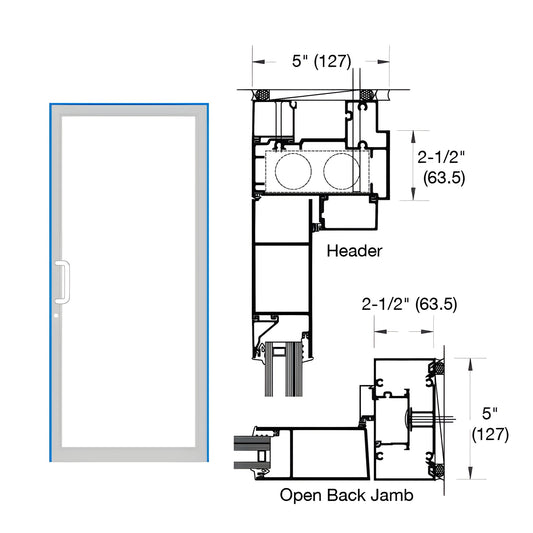 Up/over hurricane impact door frame, Custom Kynar, 2-1/2" x 5" (SKU 0F71971). Diagram shows open-back jamb.