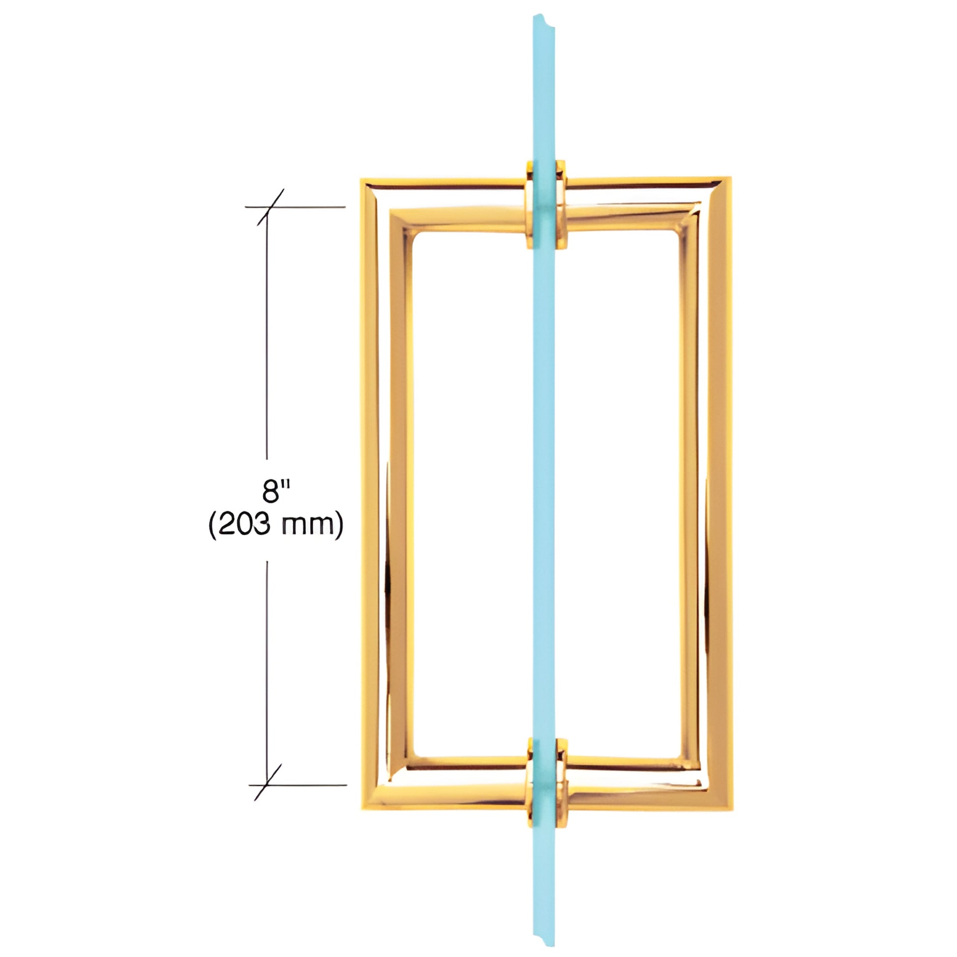 Unlacquered brass MT Series rectangular mitered back-to-back glass pull handle, 8 C-C, fits 6-12mm glass