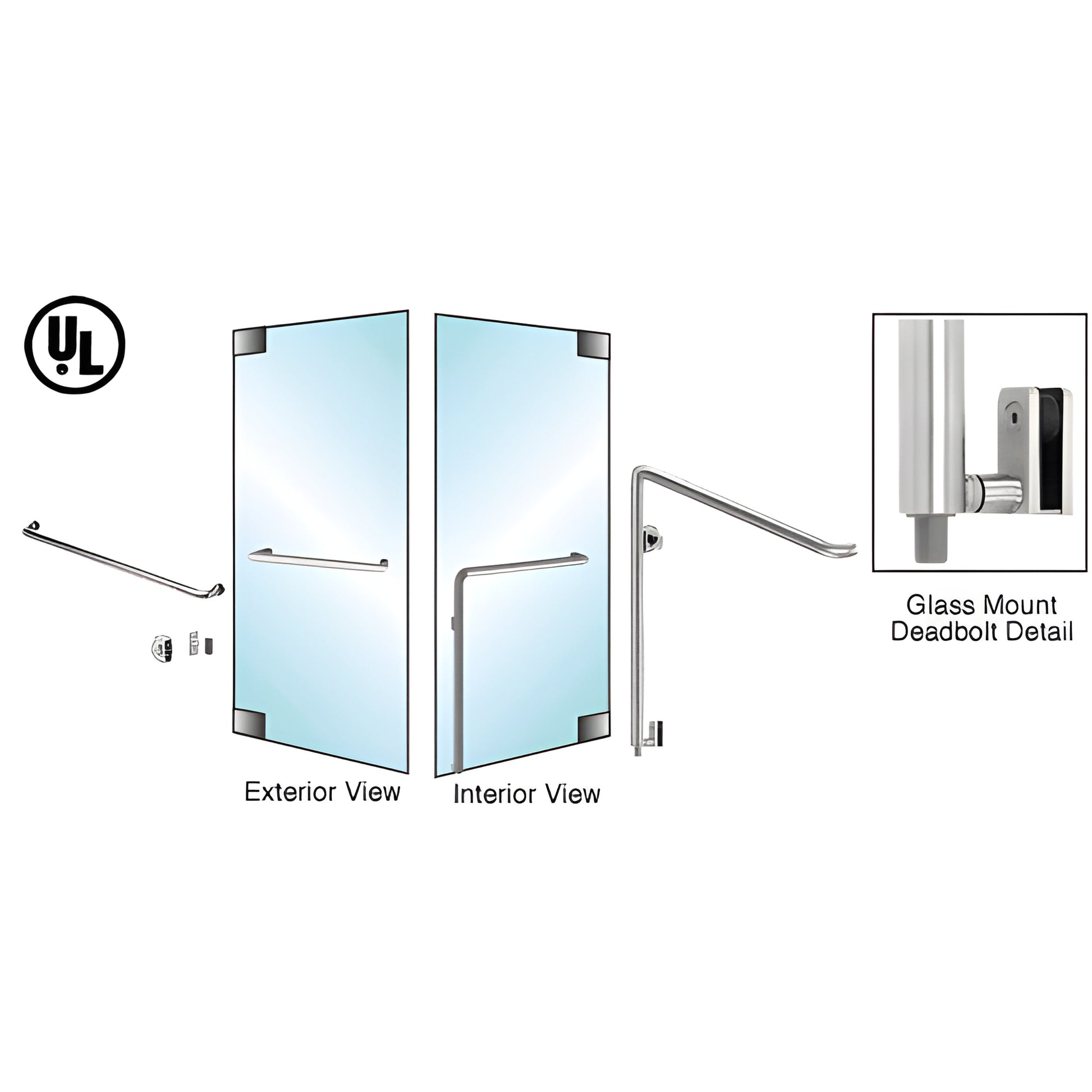DB110A4G1BS brushed stainless 1-1/4" glass-door mount handle with concealed bottom deadbolt, left-hand reverse