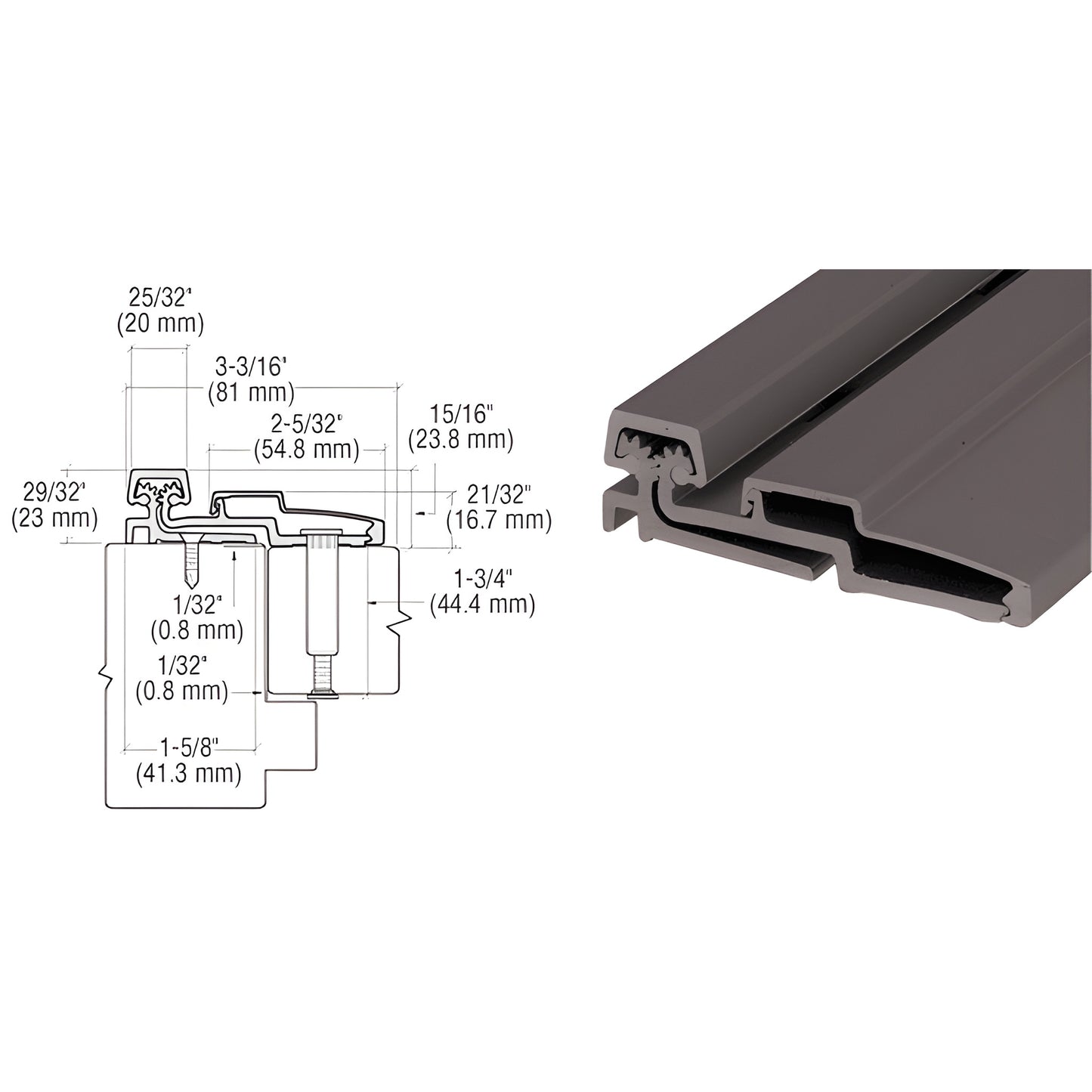 Roton 210HD95DU dark bronze aluminum heavy-duty full-surface hinge 95in profile, cross-section, 600 lb capacity