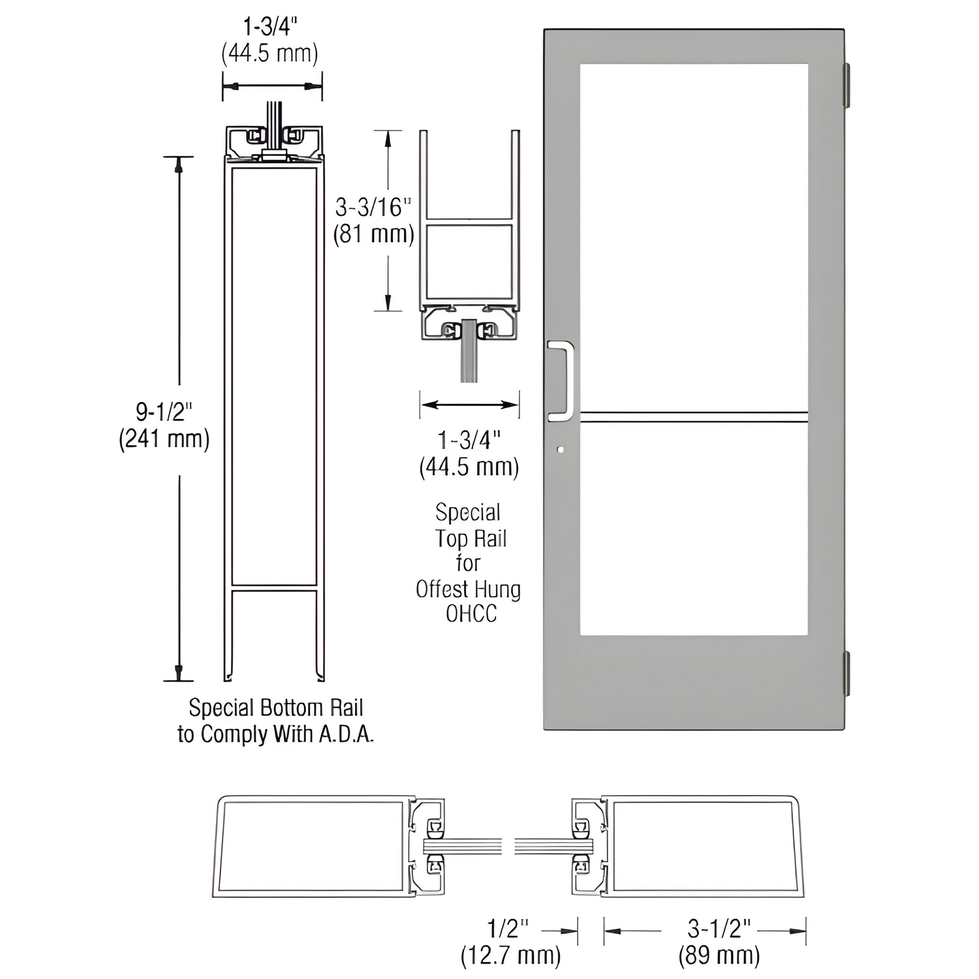 Clear anodized aluminum storefront entrance door diagram; ADA 9-1/2" bottom rail, 3-1/2" stiles, fits 1/4" or 1" glass