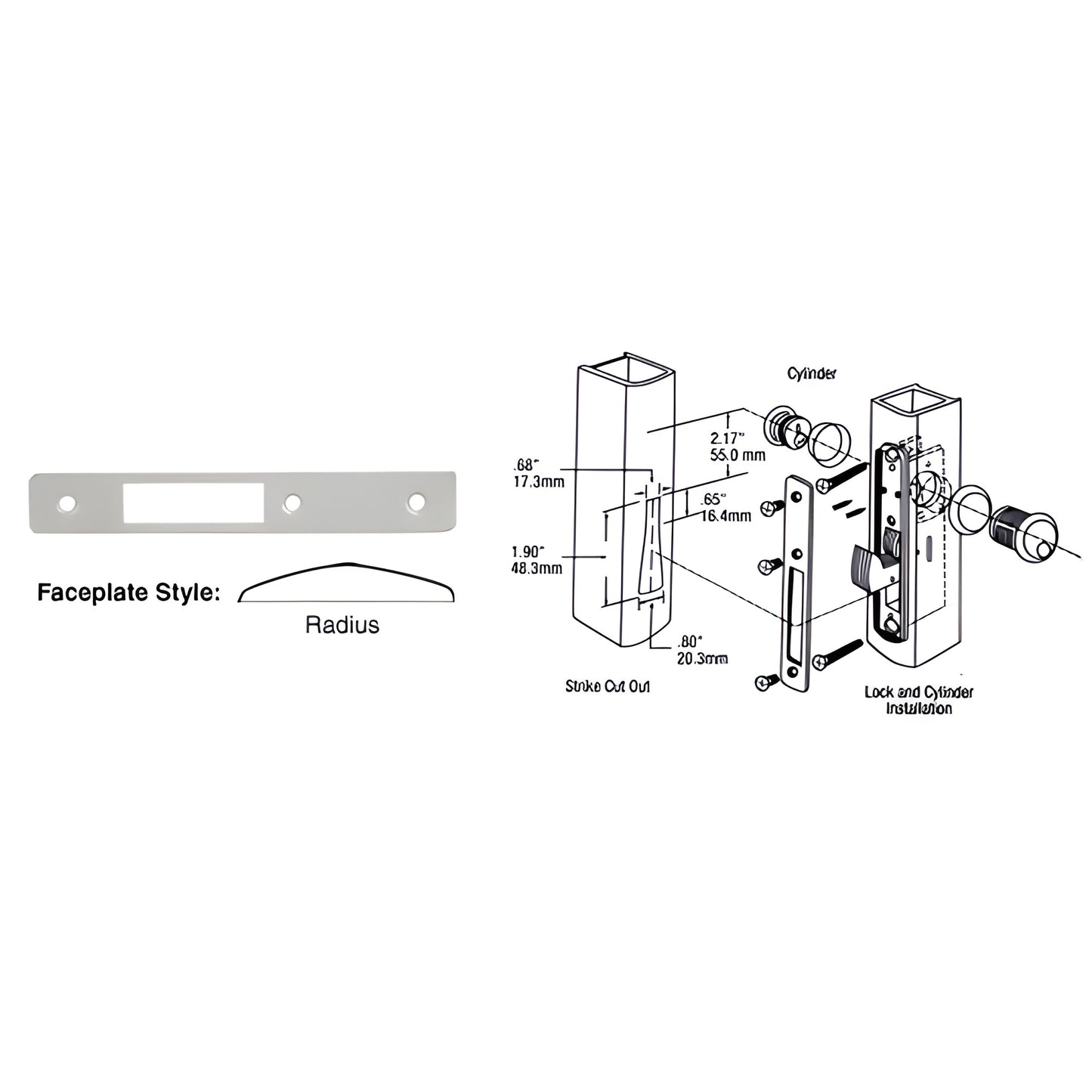 DL2132A aluminum radius faceplate, 1 in 6-7/8 in (25 175 mm), replacement for deadlocks/deadlatches