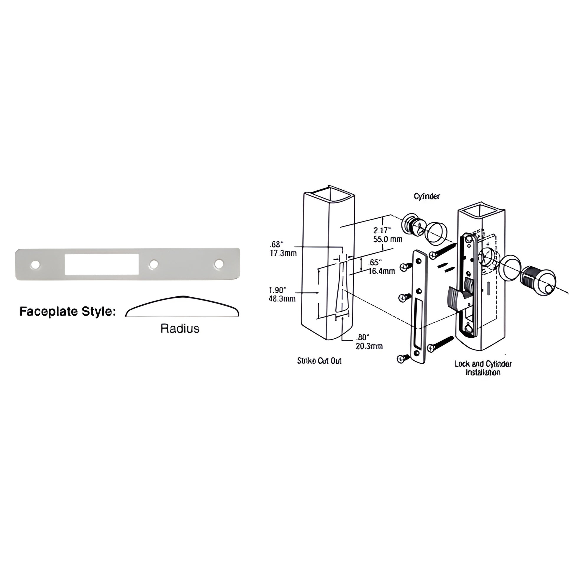 DL2132A aluminum radius faceplate, 1 in 6-7/8 in (25 175 mm), replacement for deadlocks/deadlatches
