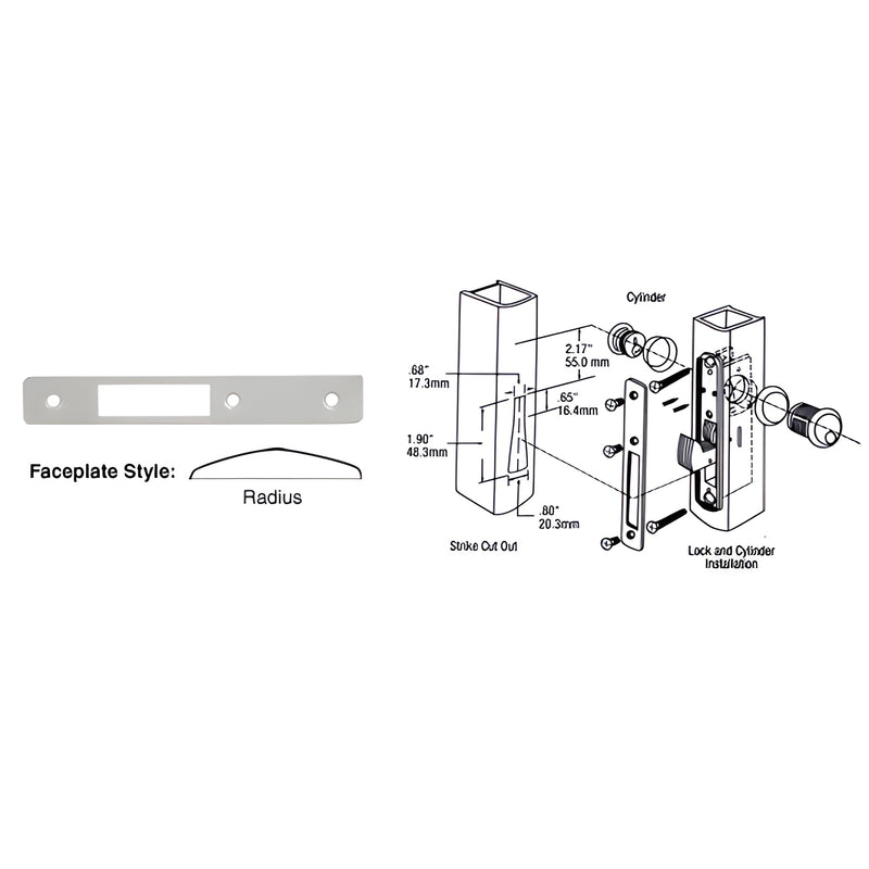 DL2132A aluminum radius faceplate, 1 in 6-7/8 in (25 175 mm), replacement for deadlocks/deadlatches