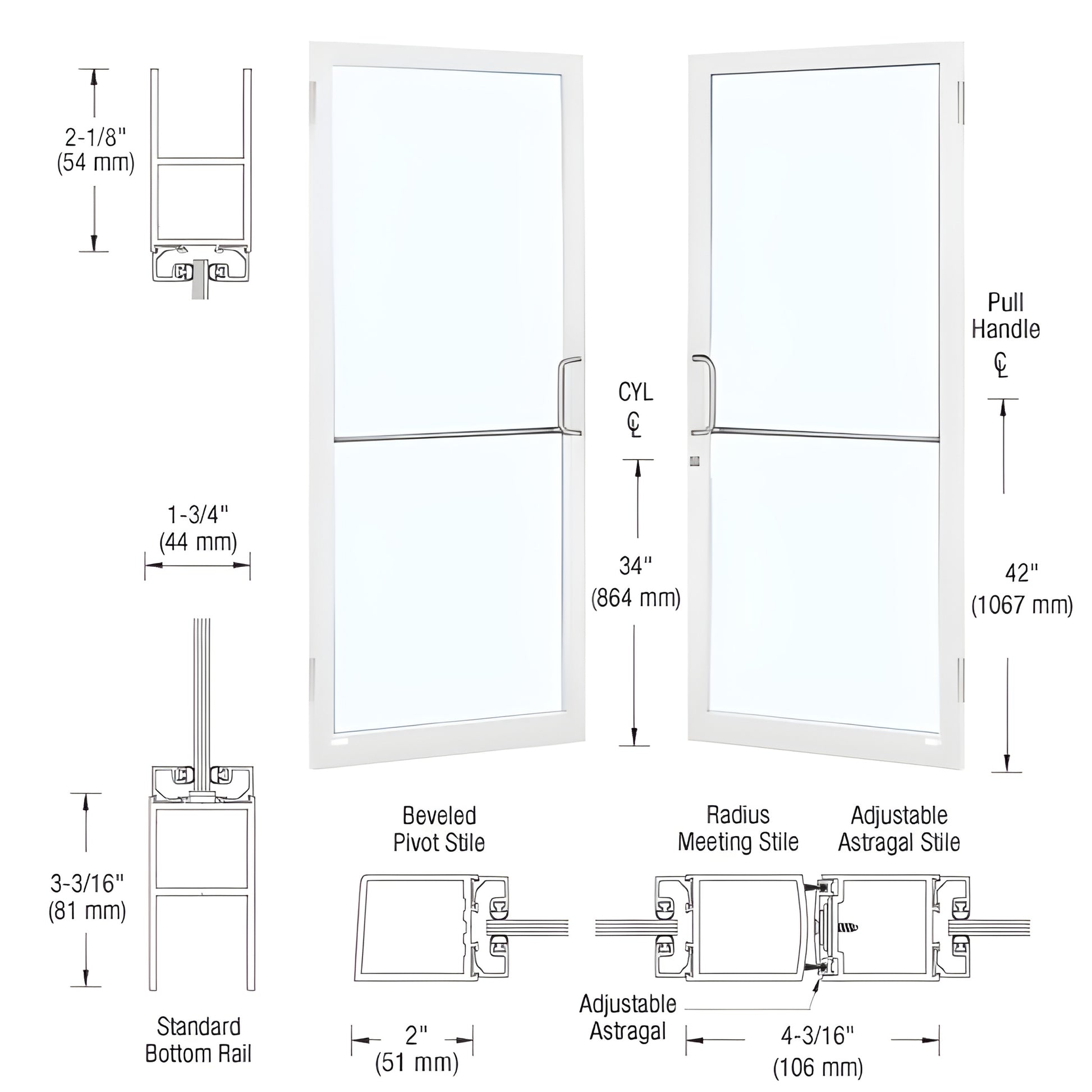 White narrow-stile commercial entrance door with glass panels and pull handle; SKU SR22552 - 2" stiles, 3-3/16" bottom rail.