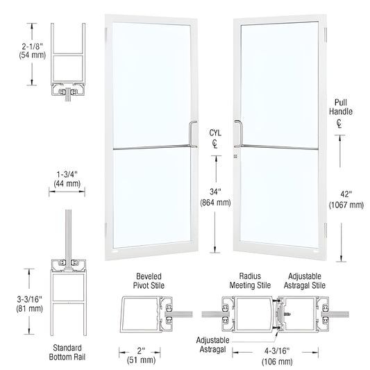 White narrow-stile commercial entrance door with glass panels and pull handle; SKU SR22552 - 2" stiles, 3-3/16" bottom rail.