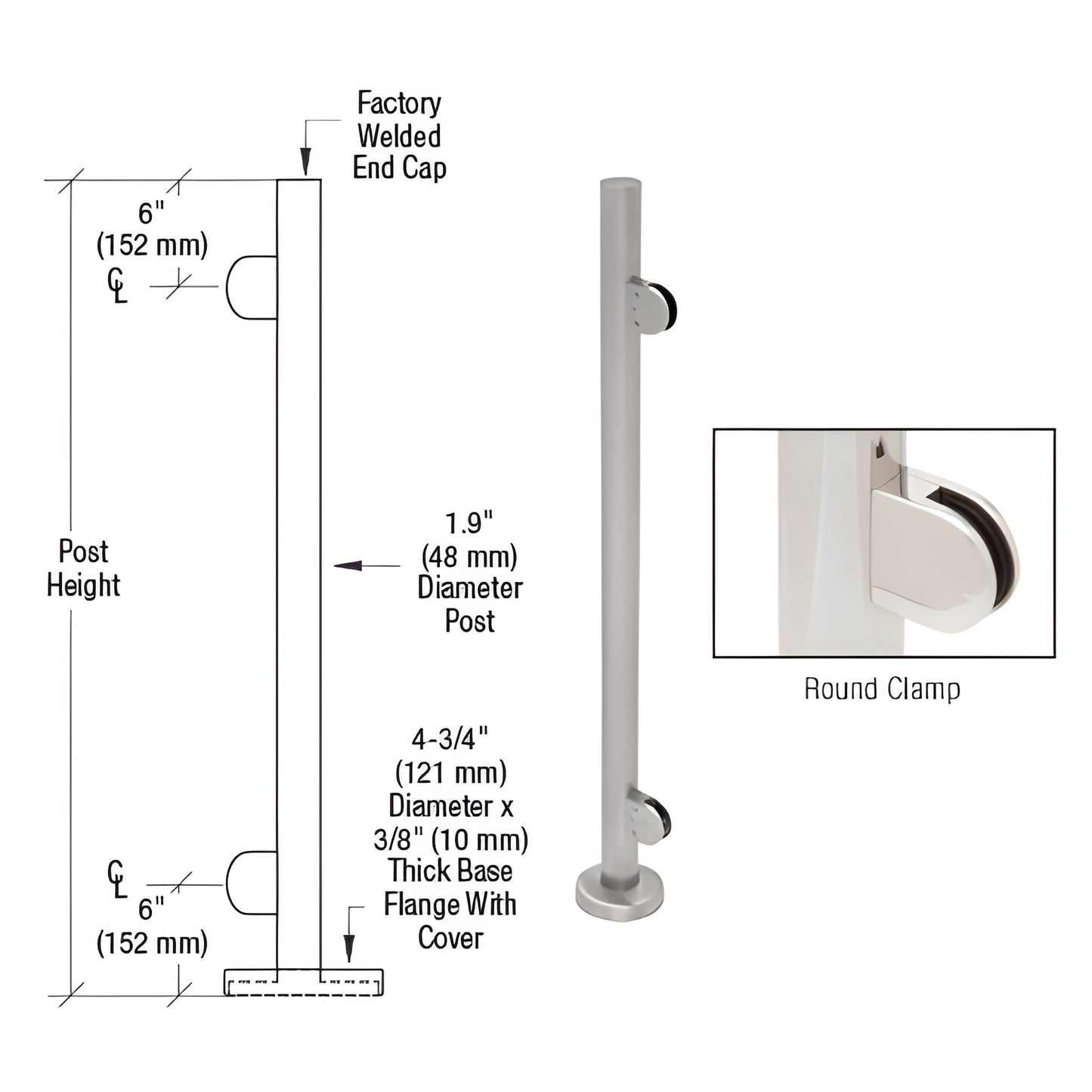 PR36EBS stainless steel 1.9" round glass clamp post kit with base plate and round Z series clamps, brushed finish.