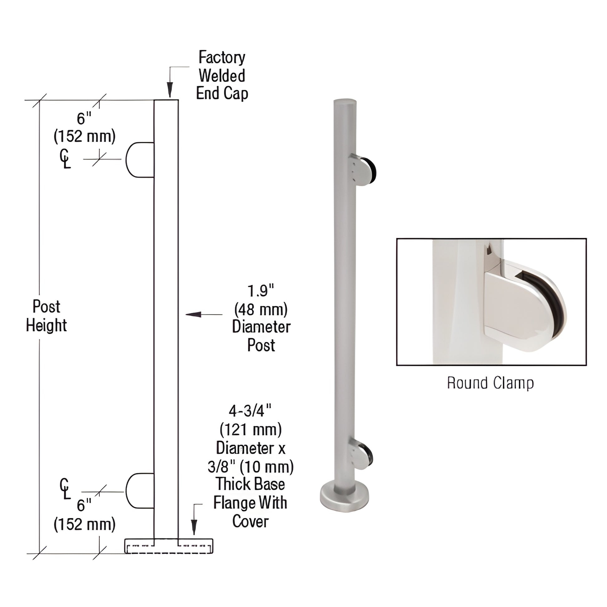 PR42EBS stainless steel 1.9in round glass-clamp post kit with 4-3/4in base, brushed finish, for 1/2in tempered glass