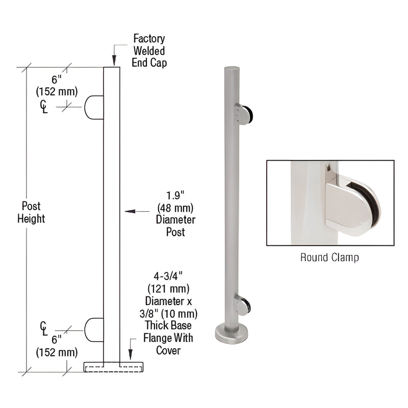 PR42EBS stainless steel 1.9in round glass-clamp post kit with 4-3/4in base, brushed finish, for 1/2in tempered glass
