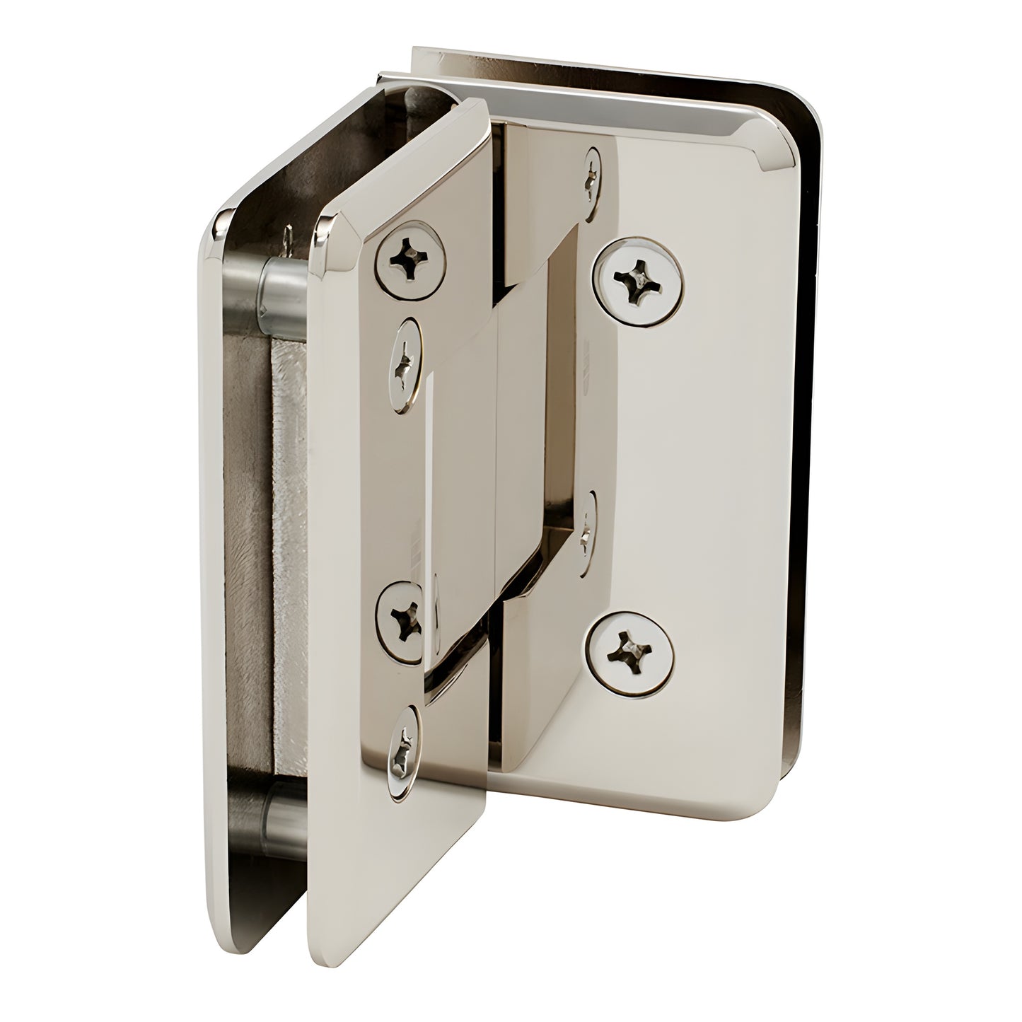 Polished nickel beveled glass-to-glass shower hinge (90 ) - brass Cologne hinge SKU C0L092PN, for 3/8-1/2 glass.
