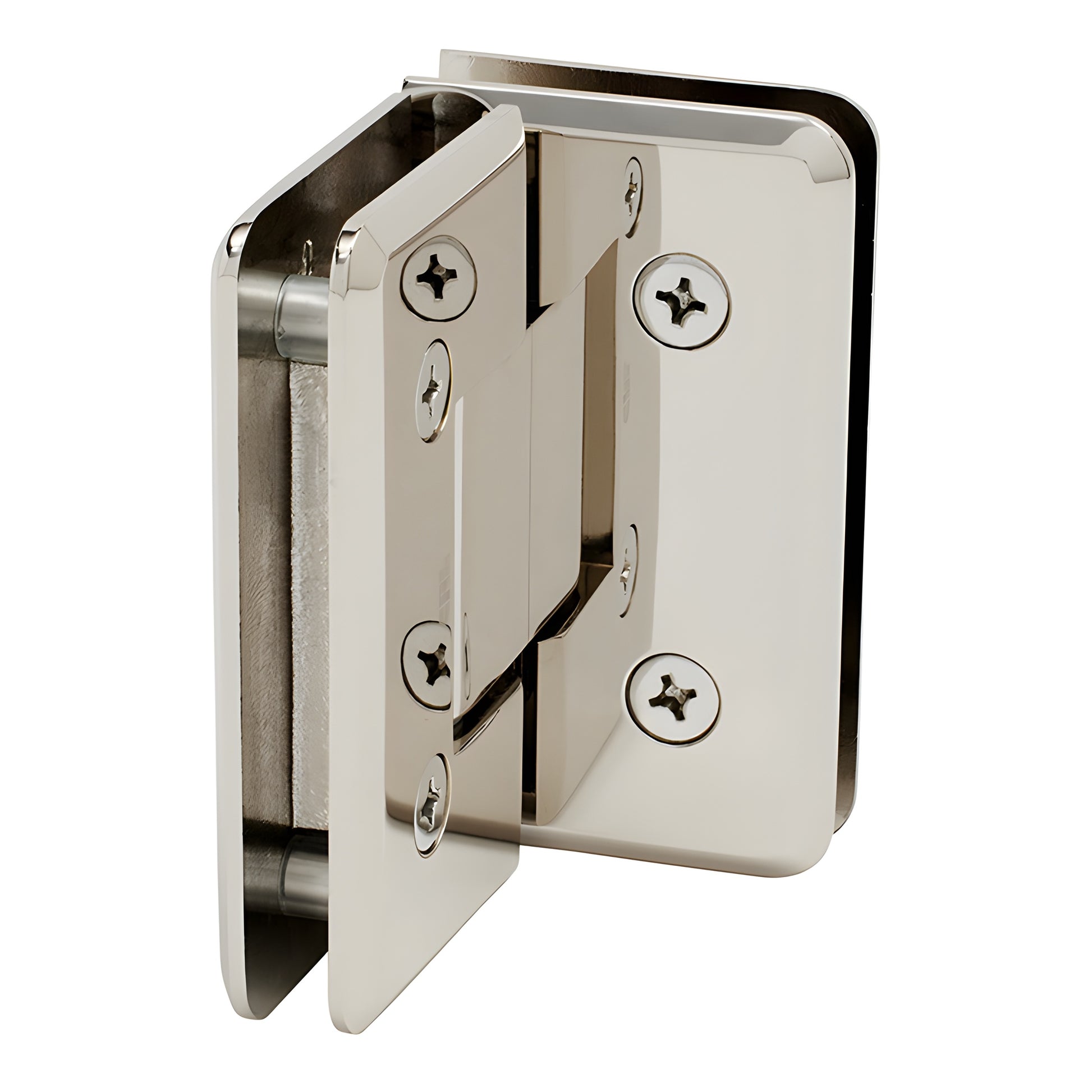 Polished nickel beveled glass-to-glass shower hinge (90 ) - brass Cologne hinge SKU C0L092PN, for 3/8-1/2 glass.