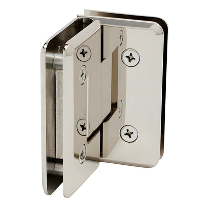 Polished nickel beveled glass-to-glass shower hinge (90 ) - brass Cologne hinge SKU C0L092PN, for 3/8-1/2 glass.