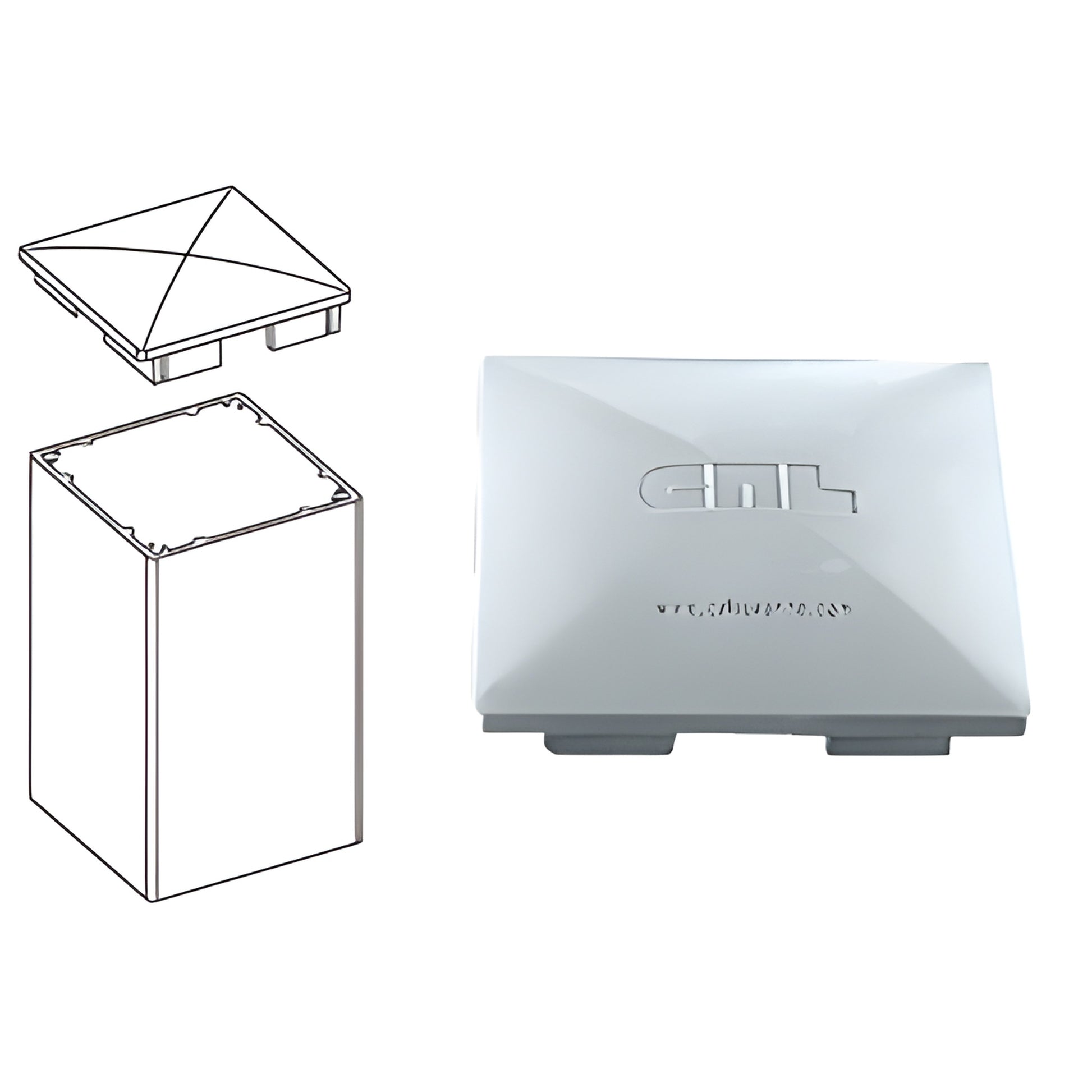 PC4M mill-finish aluminum 4x4 pyramid-style post cap with installation diagram, durable exterior deck/fence topper.