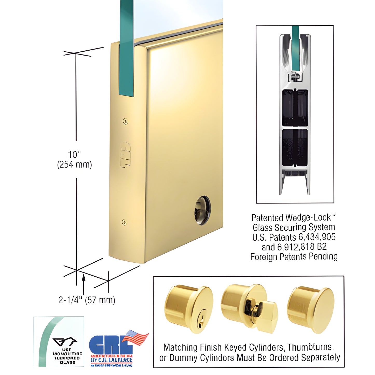 CRL Wedge-Lock bottom door rail DR10SPB58CL, polished brass 10" square rail for 5/8" tempered glass, lock included.