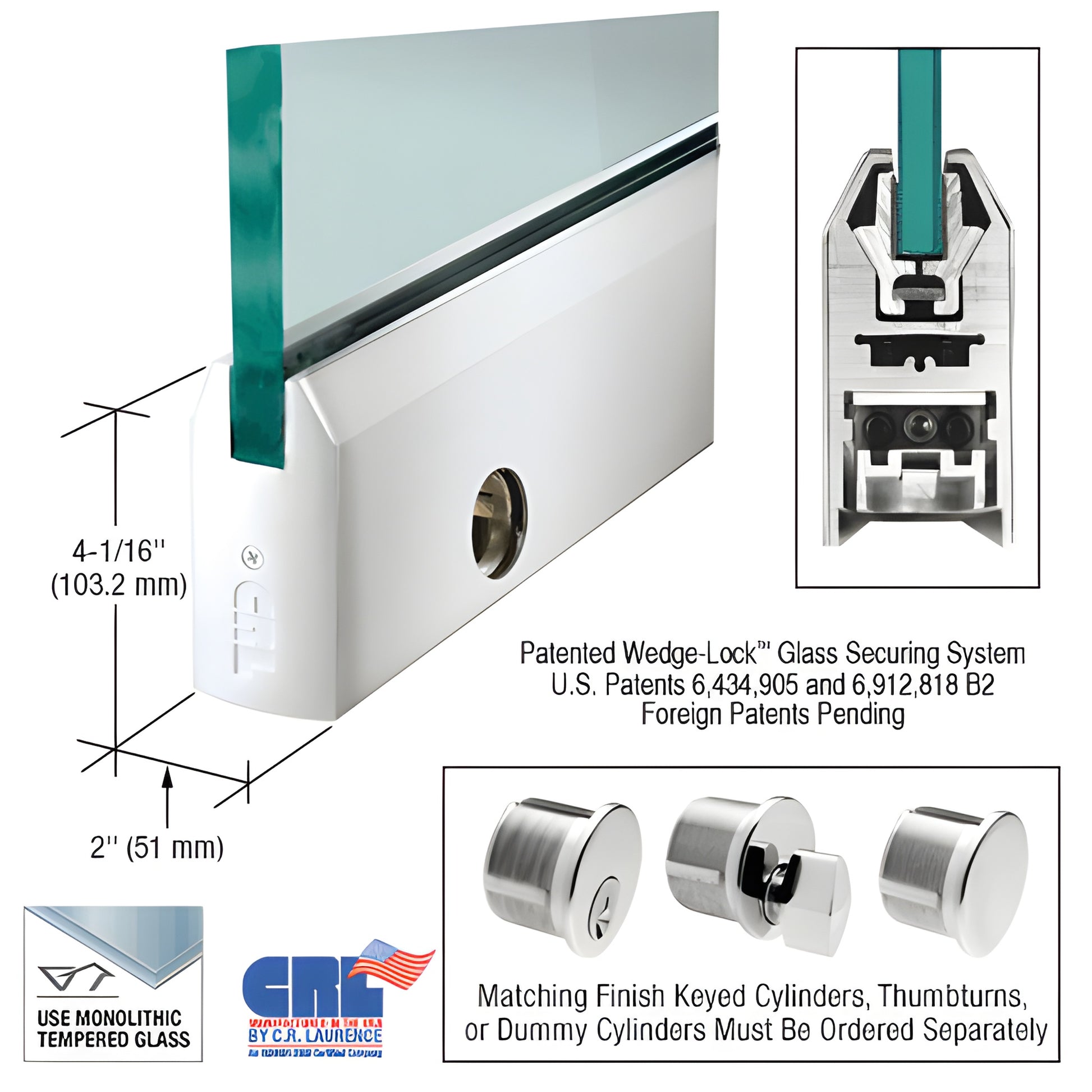 Polished stainless steel 4 in tapered wedge-lock door rail for 3/8 in (10 mm) glass, includes lock. SKU DR4TPS38CL