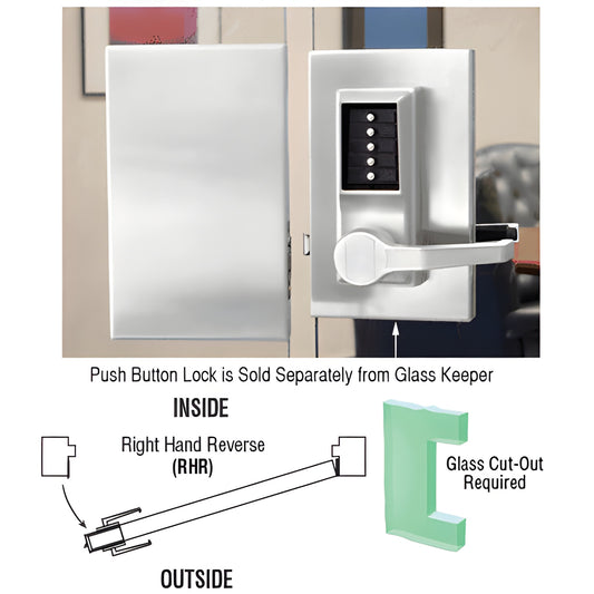 CRL DL611RCSC satin-anodized 6x10 center lock for 1/2" tempered glass doors, right-hand reverse, lever with keypad, glass cut