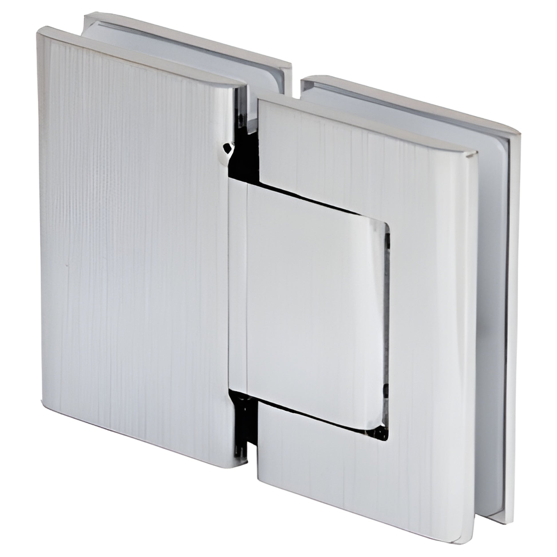Brushed stainless steel glass-to-glass self-closing hinge (SKU H8015JCBS) for 8-12mm glass, 90 swing.