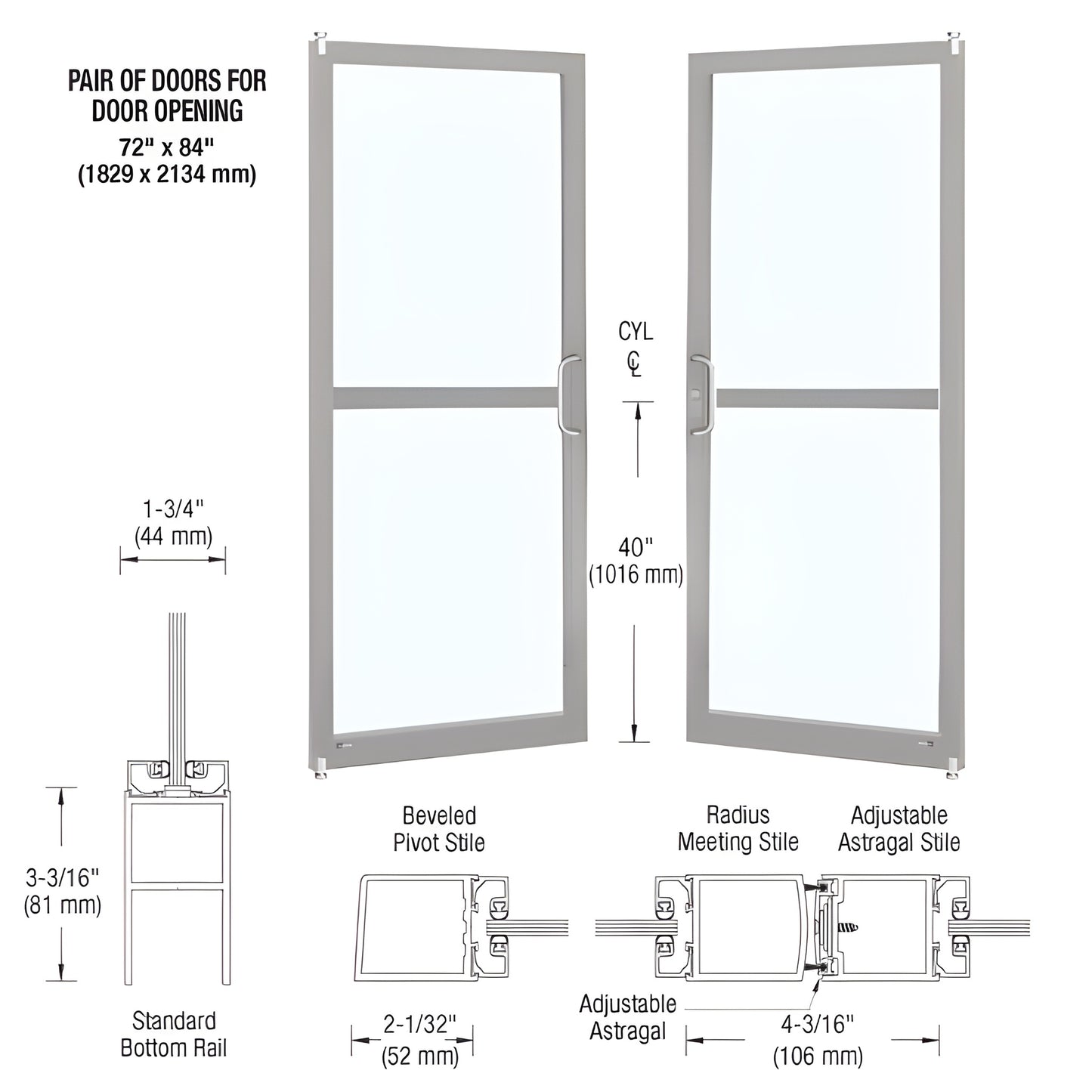 DZ22211 Clear anodized custom narrow-stile commercial entrance doors, pair with 1/4" tempered glass prep, pivot-ready.