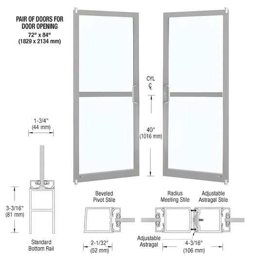 DZ22211 Clear anodized custom narrow-stile commercial entrance doors, pair with 1/4" tempered glass prep, pivot-ready.
