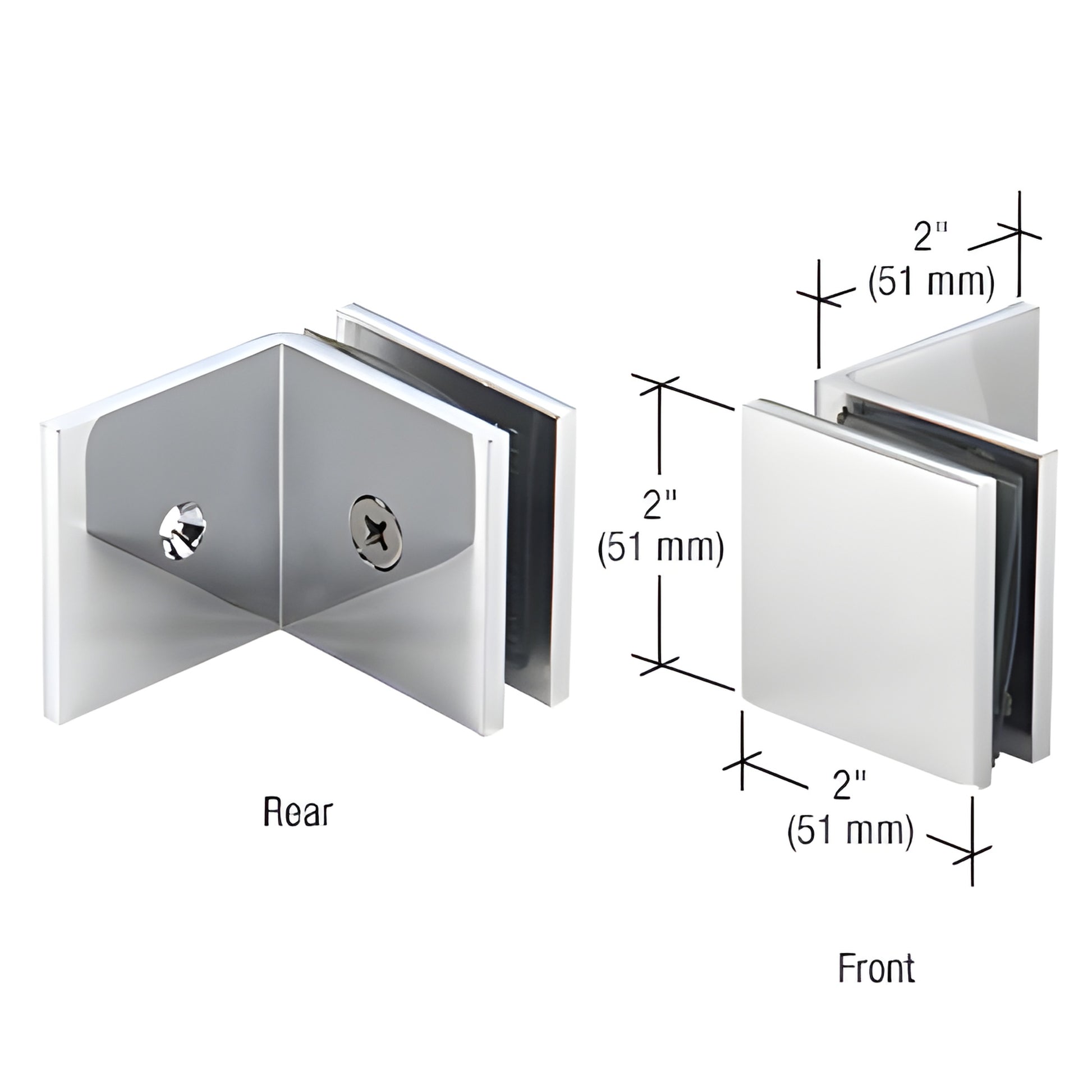 Polished chrome CRL SGC039CH brass square glass clamp, wall-mount with large 2" leg, fits 3/8-1/2" (10-12mm) glass