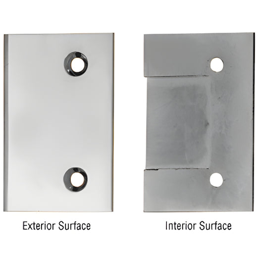 GL2CH polished chrome watertight hinge cover plate, rectangular with two screw holes, front and back views.