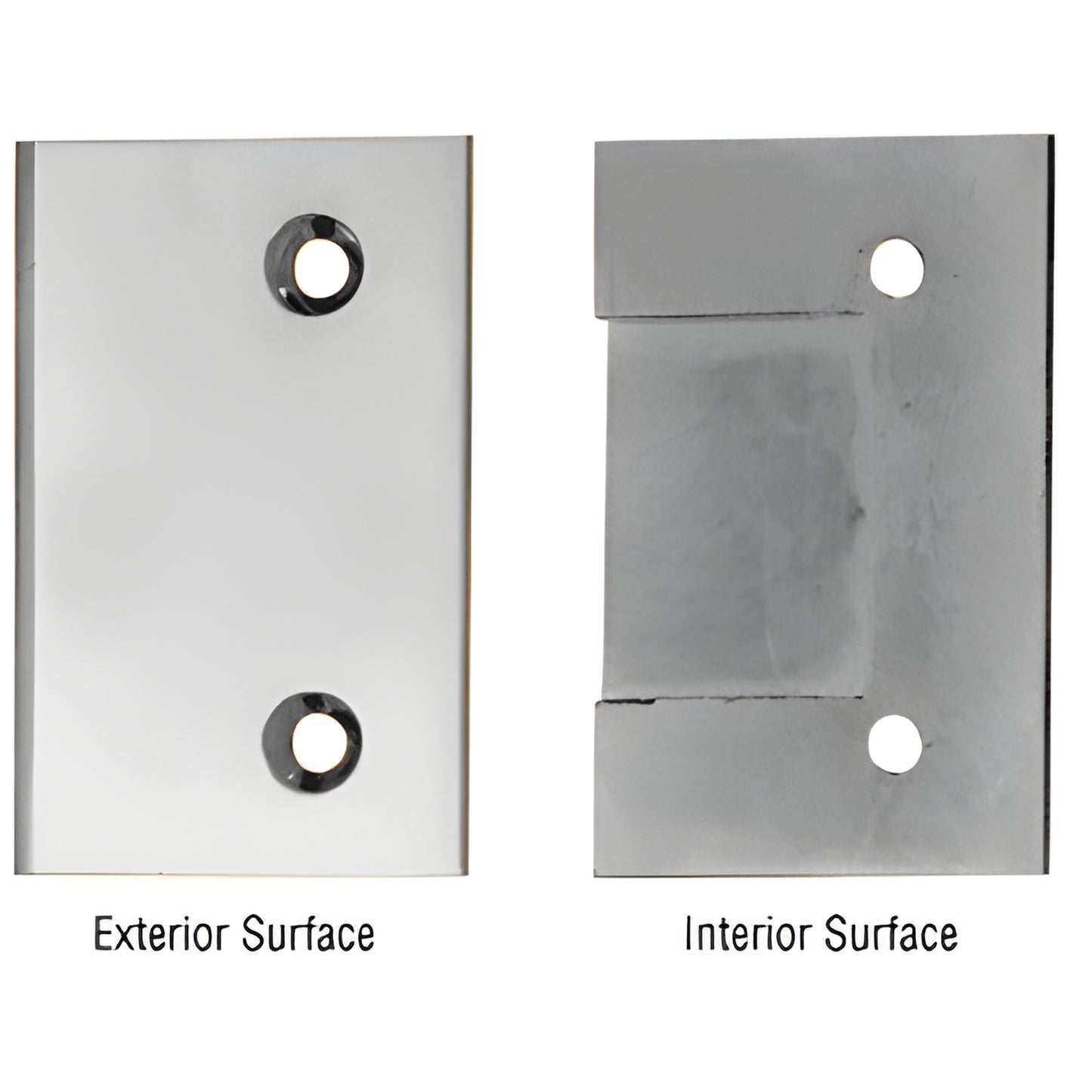 VL2CH polished chrome watertight hinge cover plate showing exterior and interior surfaces.