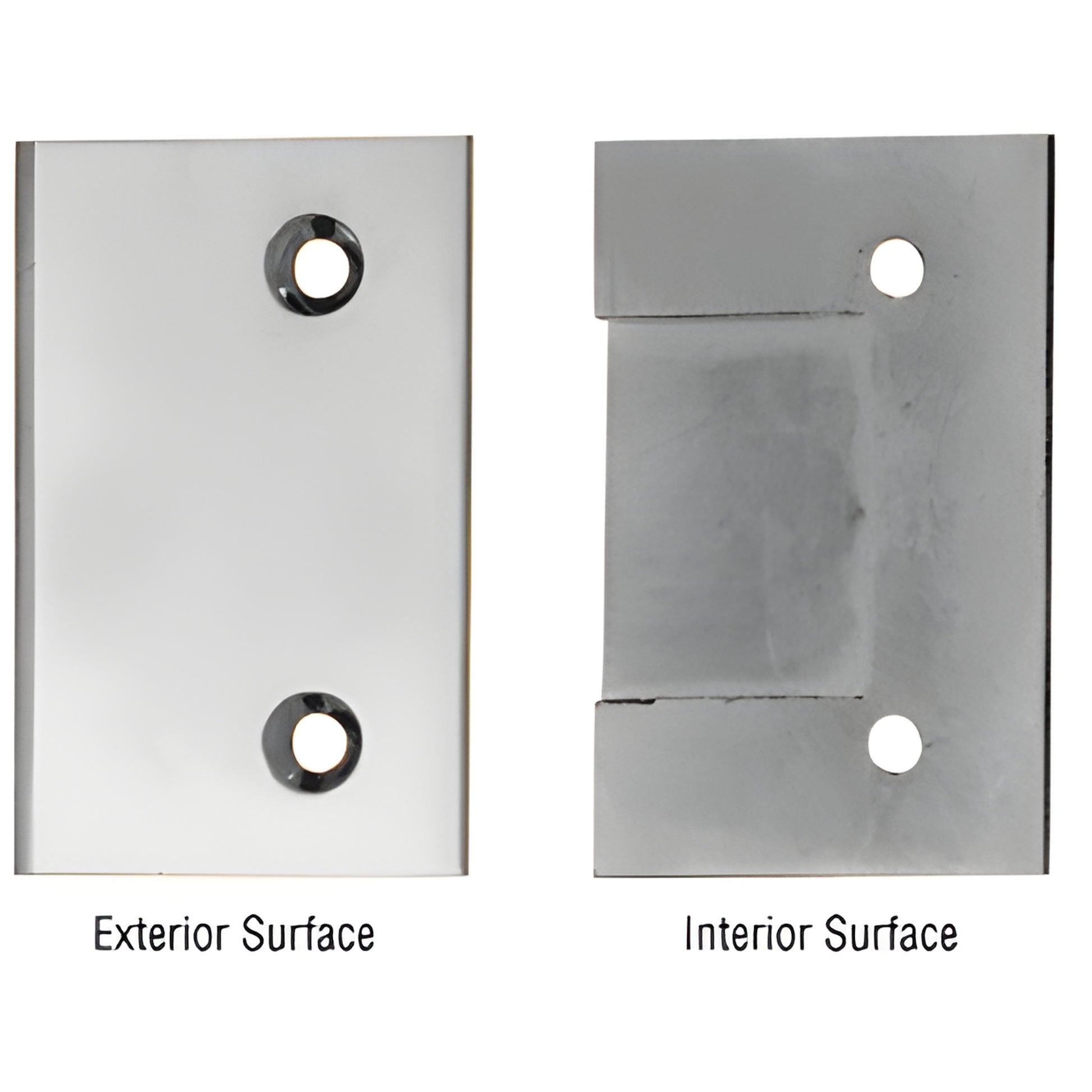 VL2CH polished chrome watertight hinge cover plate showing exterior and interior surfaces.