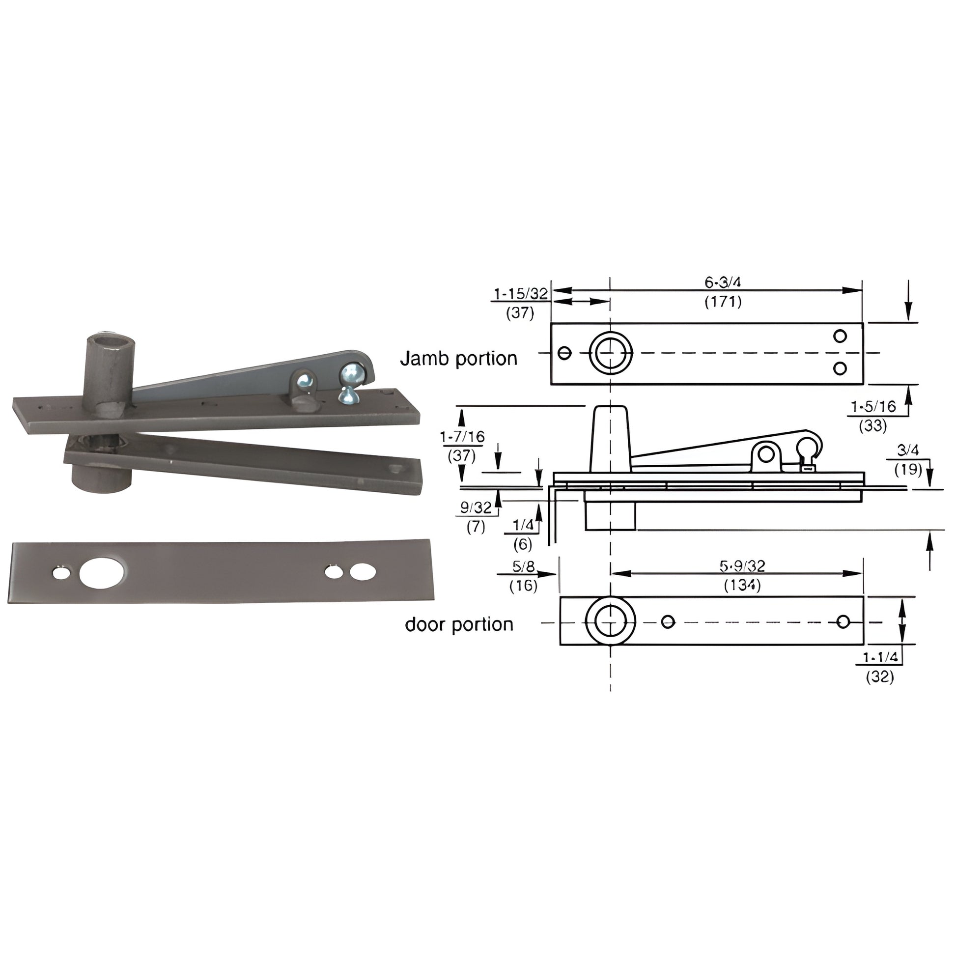 Rixson 340DU center-hung top pivot, dark bronze aluminum walking-beam pivot with cover plate and mounting screws, diagram