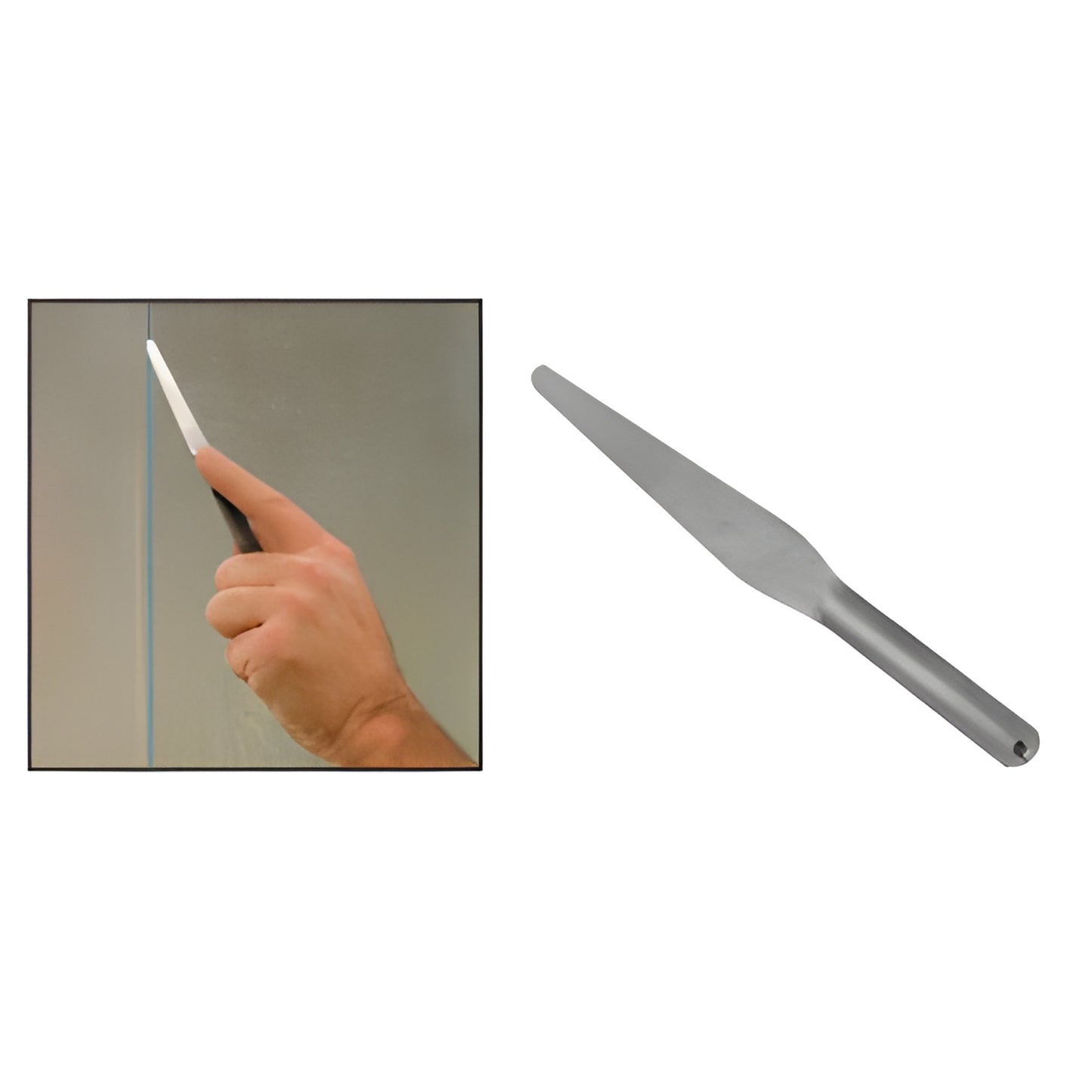 AB9583T stainless steel flat flexible sealant spatula 6-7/8 in, shown solo and in hand smoothing a caulk joint