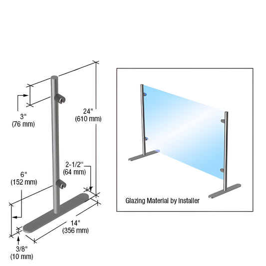 PP24E stainless steel freestanding end post for 24" partition, 14" base, fits 1/4-3/8" glass or acrylic.