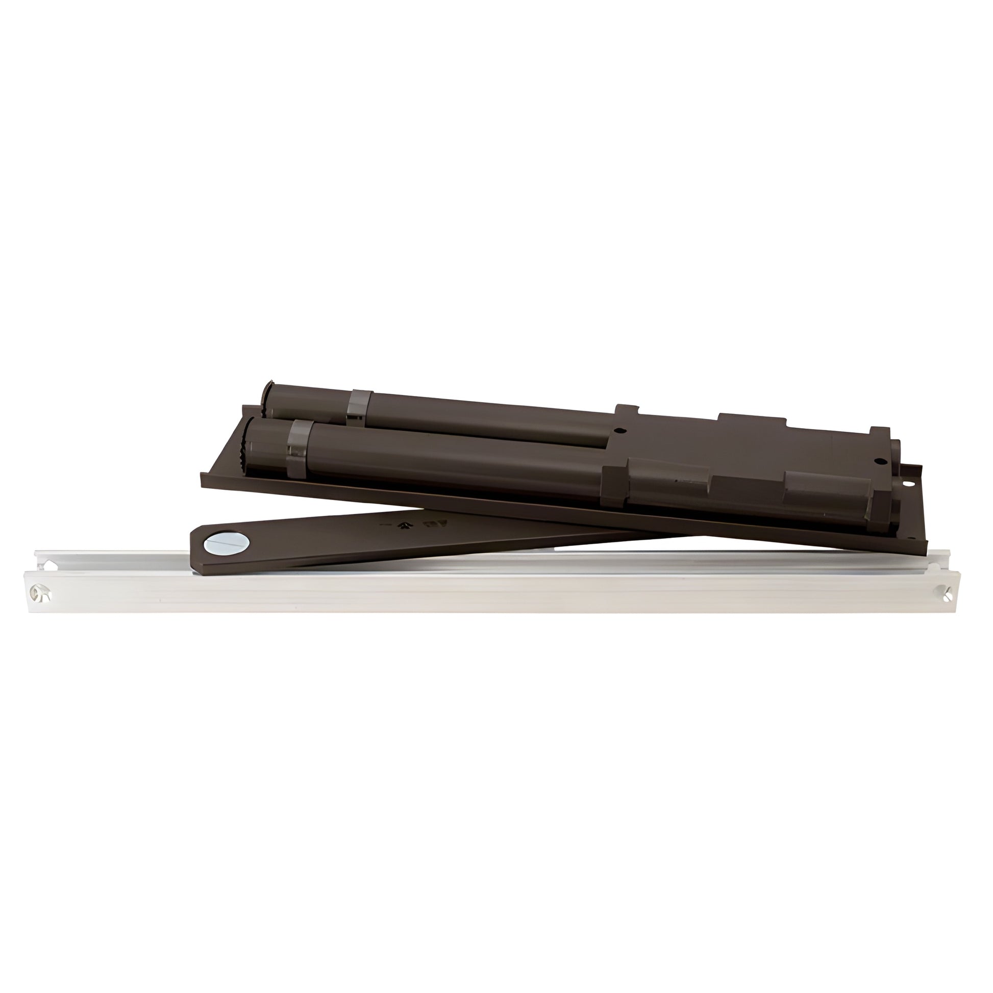 LCN 6031DU overhead concealed door closer, bronze closer body with single lever arm and white slide track.