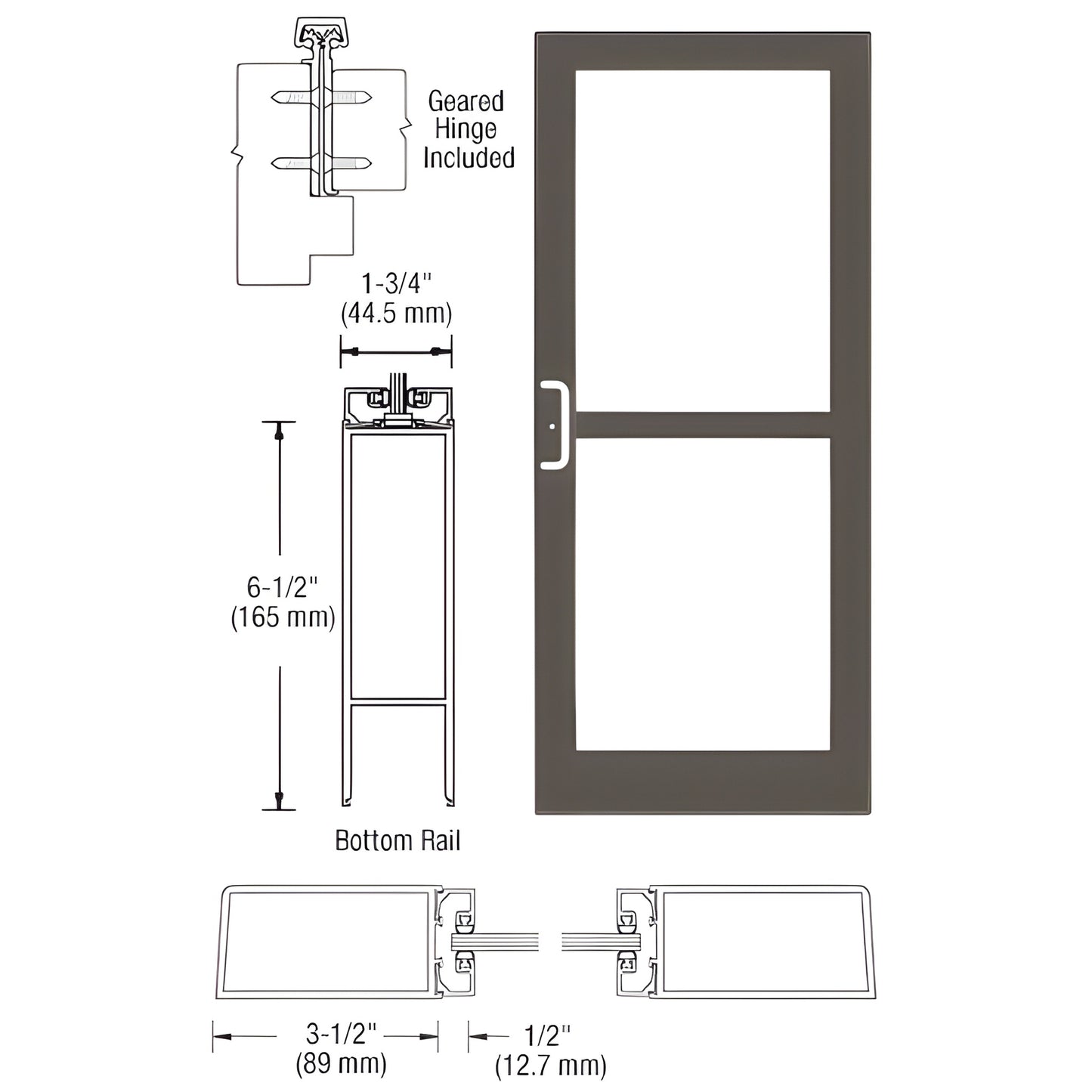 DZ41822 Black Bronze Anodized medium-stile commercial entrance door, 31 2 stiles, 61 2 bottom rail, panic pull hardware.