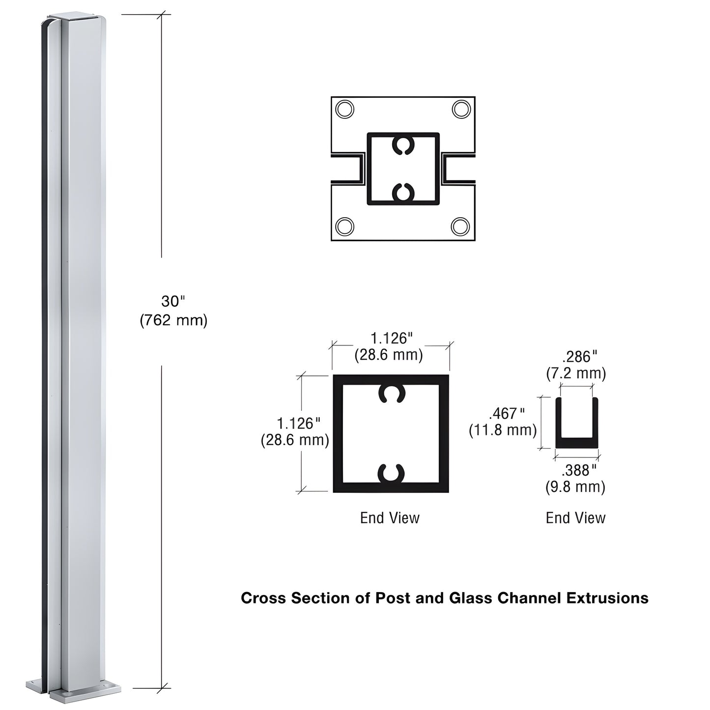 Satin anodized aluminum 30" square partition post with U-channel glazing for 1/4" glass (SKU D990A30C)