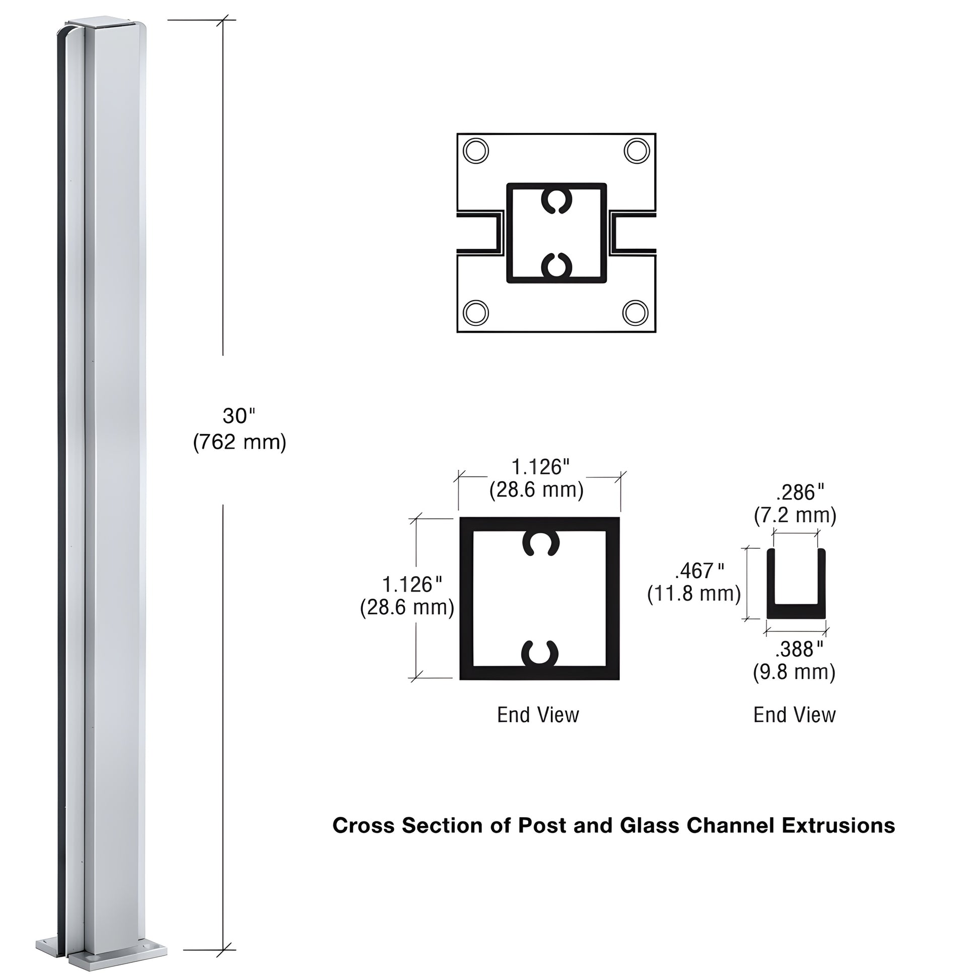 Satin anodized aluminum 30" square partition post with U-channel glazing for 1/4" glass (SKU D990A30C)